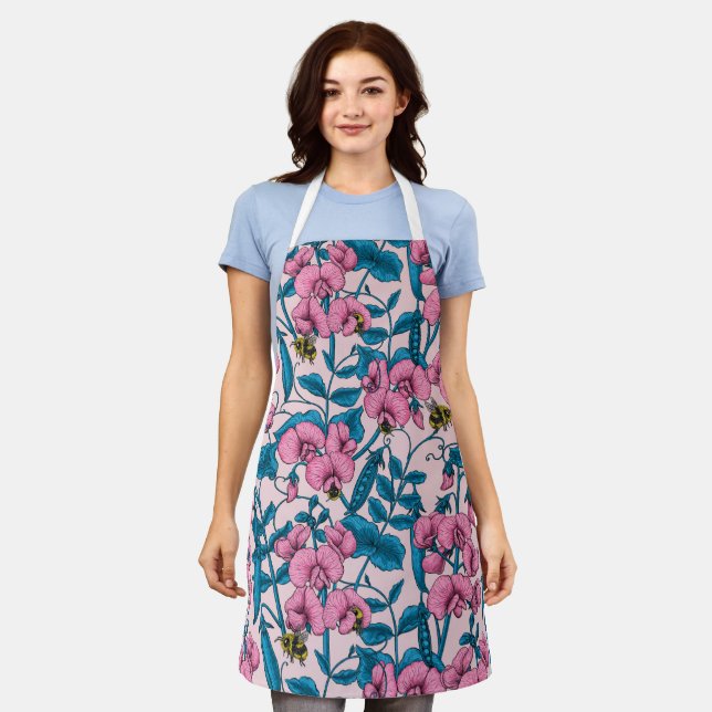 Sweet peas and bumblebees, pink and blue apron (Worn)