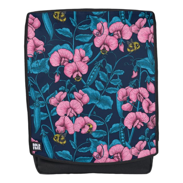 Sweet peas and bumblebees, pink and blue backpack (Front)