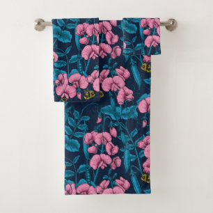 Sweet peas and bumblebees, pink and blue bath towel set