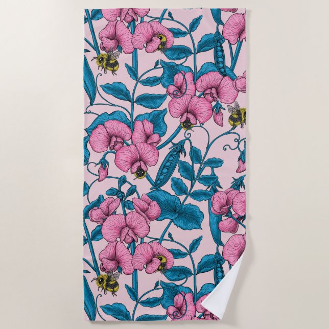 Sweet peas and bumblebees, pink and blue beach towel (Front)