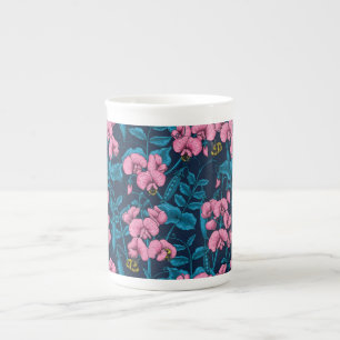 Sweet peas and bumblebees, pink and blue bone china mug