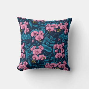 Sweet peas and bumblebees, pink and blue cushion