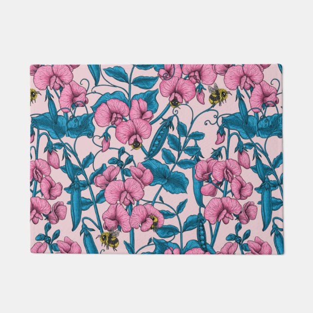 Sweet peas and bumblebees, pink and blue doormat (Front)