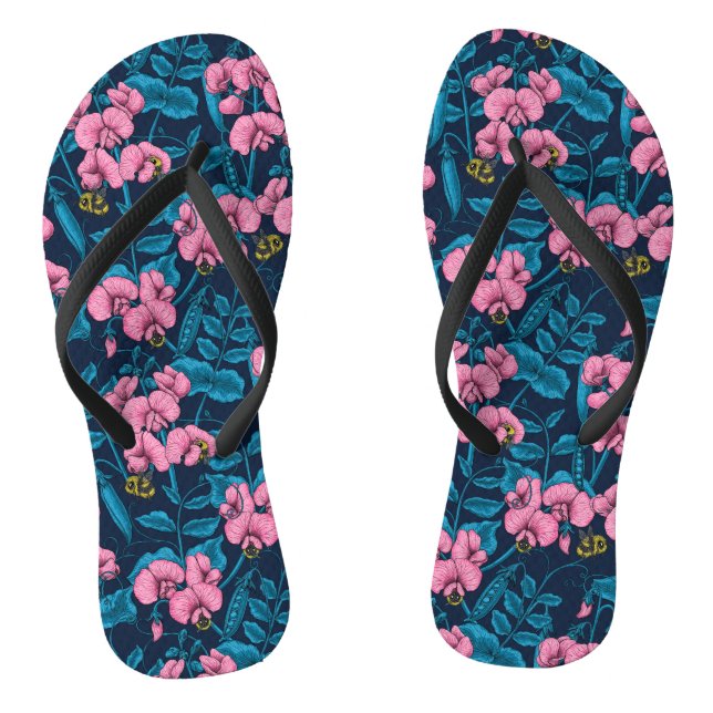 Sweet peas and bumblebees, pink and blue jandals (Footbed)
