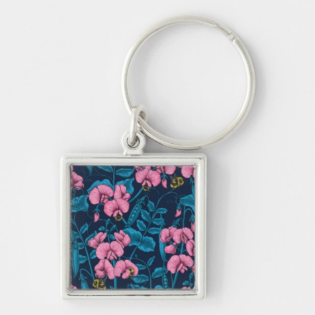 Sweet peas and bumblebees, pink and blue key ring (Front)