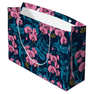 Sweet peas and bumblebees, pink and blue large gift bag