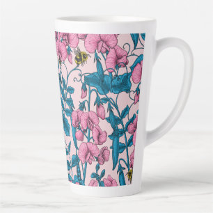 Sweet peas and bumblebees, pink and blue latte mug