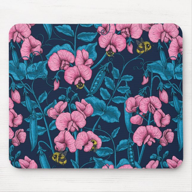 Sweet peas and bumblebees, pink and blue mouse pad (Front)