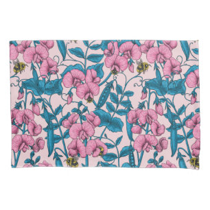 Sweet peas and bumblebees, pink and blue pillowcase