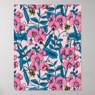 Sweet peas and bumblebees, pink and blue poster