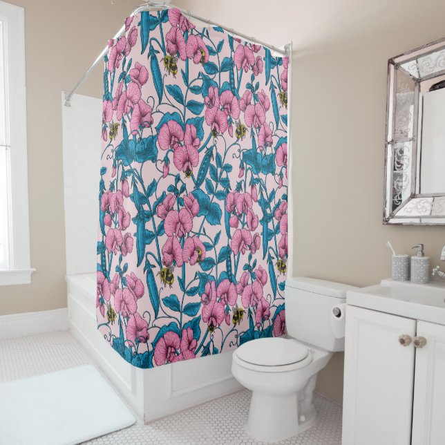 Sweet peas and bumblebees, pink and blue shower curtain (In Situ)