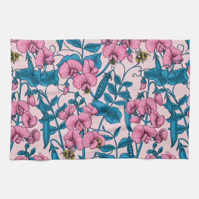 Sweet peas and bumblebees, pink and blue tea towel (Horizontal)