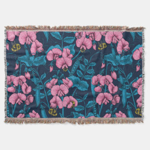 Sweet peas and bumblebees, pink and blue throw blanket