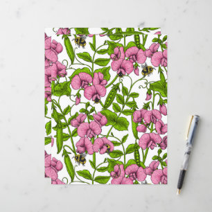 Sweet peas and bumblebees, pink, green and white