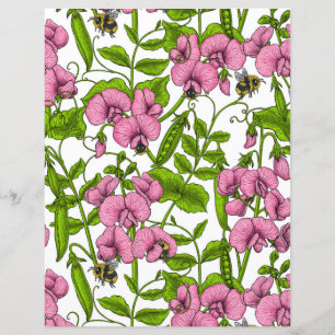 Sweet peas and bumblebees, pink, green and white
