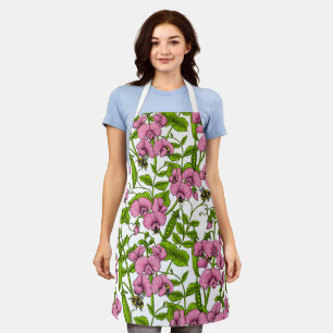 Sweet peas and bumblebees, pink, green and white apron