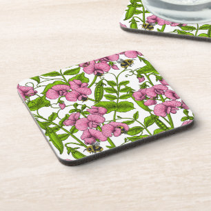 Sweet peas and bumblebees, pink, green and white coaster