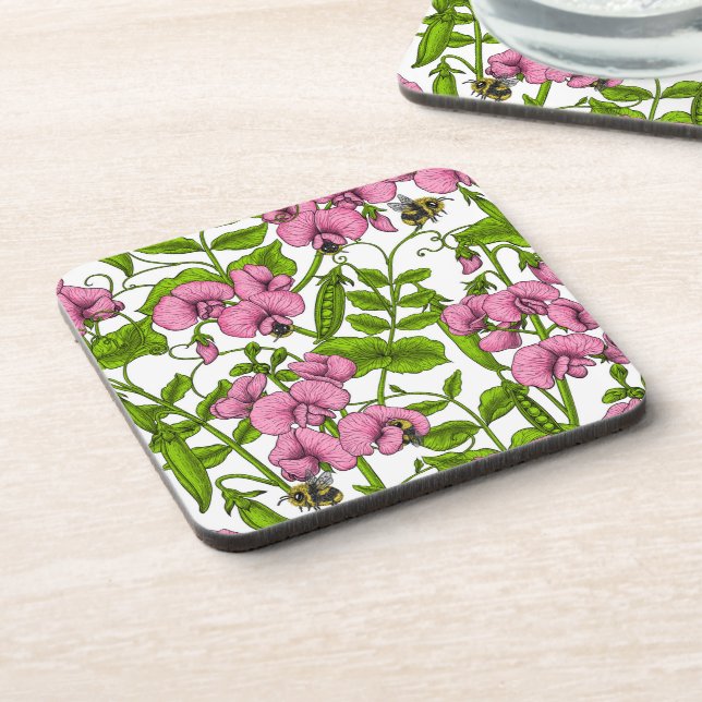 Sweet peas and bumblebees, pink, green and white coaster (Left Side)