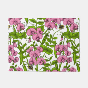 Sweet peas and bumblebees, pink, green and white doormat