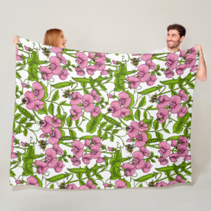 Sweet peas and bumblebees, pink, green and white fleece blanket