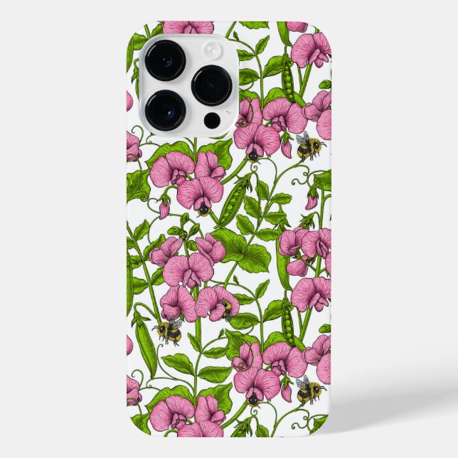 Sweet peas and bumblebees, pink, green and white iPhone case (Back)