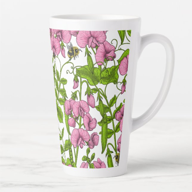 Sweet peas and bumblebees, pink, green and white latte mug (Right)