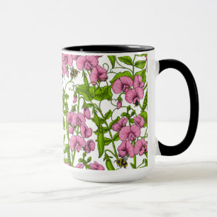 Sweet peas and bumblebees, pink, green and white mug