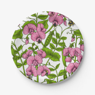 Sweet peas and bumblebees, pink, green and white paper plate