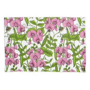 Sweet peas and bumblebees, pink, green and white pillowcase