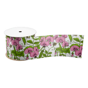Sweet peas and bumblebees, pink, green and white satin ribbon