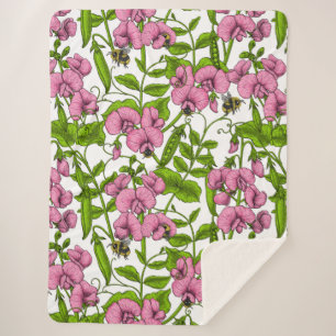 Sweet peas and bumblebees, pink, green and white sherpa blanket