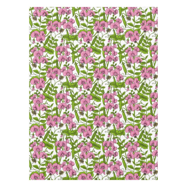 Sweet peas and bumblebees, pink, green and white tablecloth (Front)