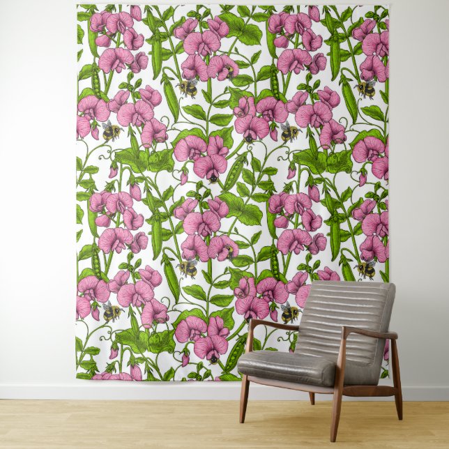 Sweet peas and bumblebees, pink, green and white tapestry (In Situ)
