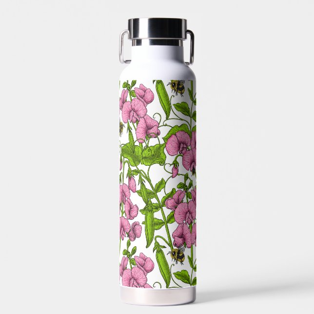 Sweet peas and bumblebees, pink, green and white water bottle (Front)