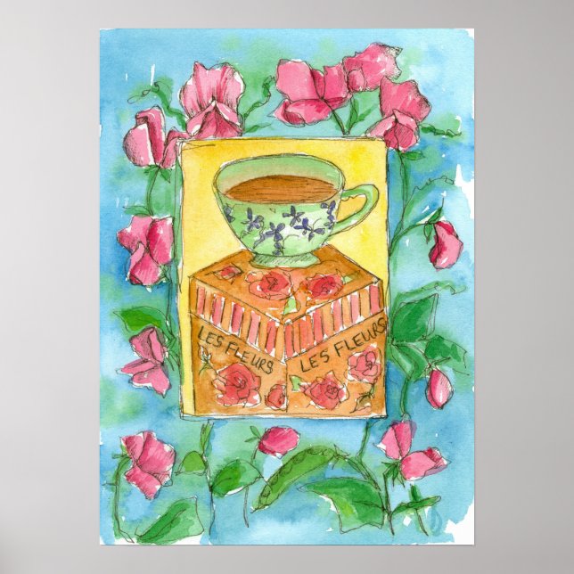 Sweet Peas Cup of Tea Watercolor Painting Poster (Front)