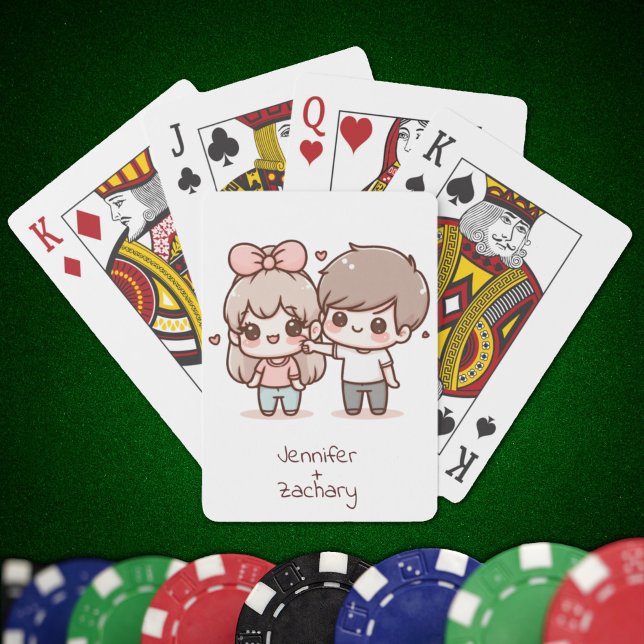 Sweet Personalised Chibi-Style Flirting Couple  Playing Cards (Sweet Personalized Chibi-Style Flirting Couple Playing Cards
)