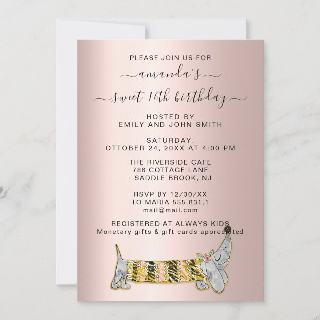 Sweet Pet Basset Rose Dress Sweet 16th Birthday  Invitation (Front)