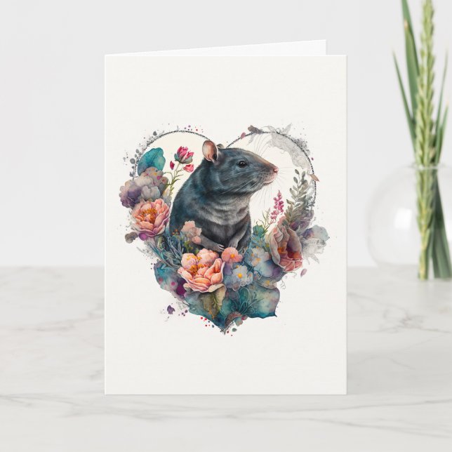 Sweet Pet Rat in Peachy Flowers Valentine's Day Holiday Card (Front)