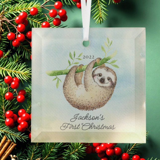 Sweet Photo Sloth Baby's First Christmas Glass Tree Decoration (Creator Uploaded)