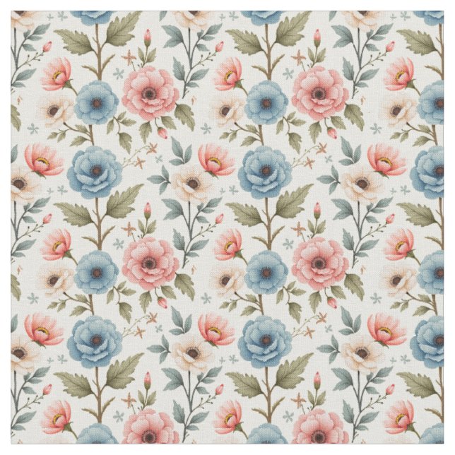 Sweet Pink and Blue Flowers Fabric (Close Up)