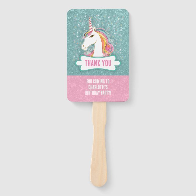 Sweet Pink and Blue Unicorn Birthday Party Hand Fan (Front)