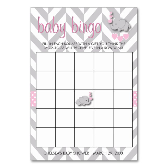 Sweet Pink and Grey Elephant Baby Shower Bingo Table Number (Front)