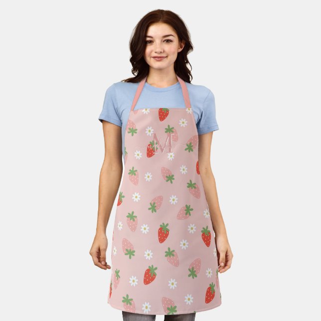 Sweet Pink and Red Strawberries Monogram Apron (Worn)