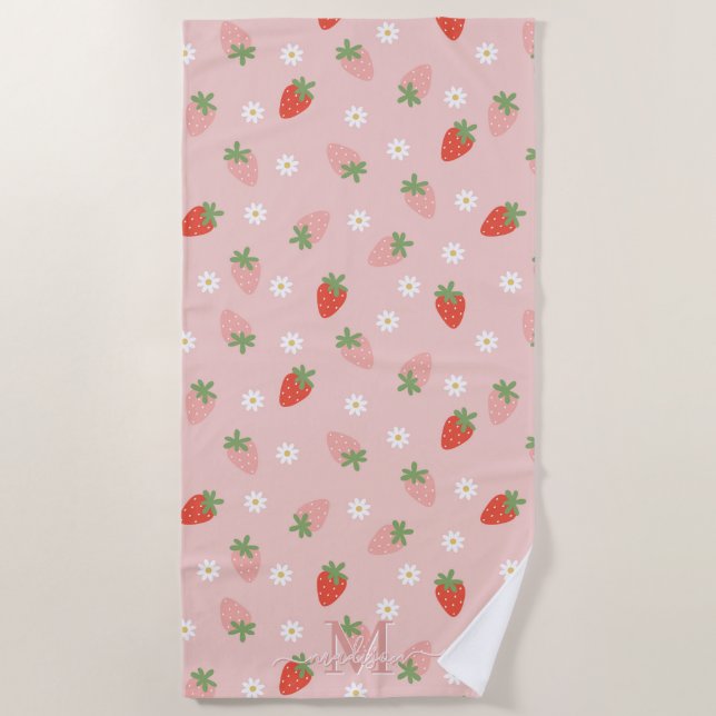 Sweet Pink and Red Strawberries Monogram Beach Towel (Front)