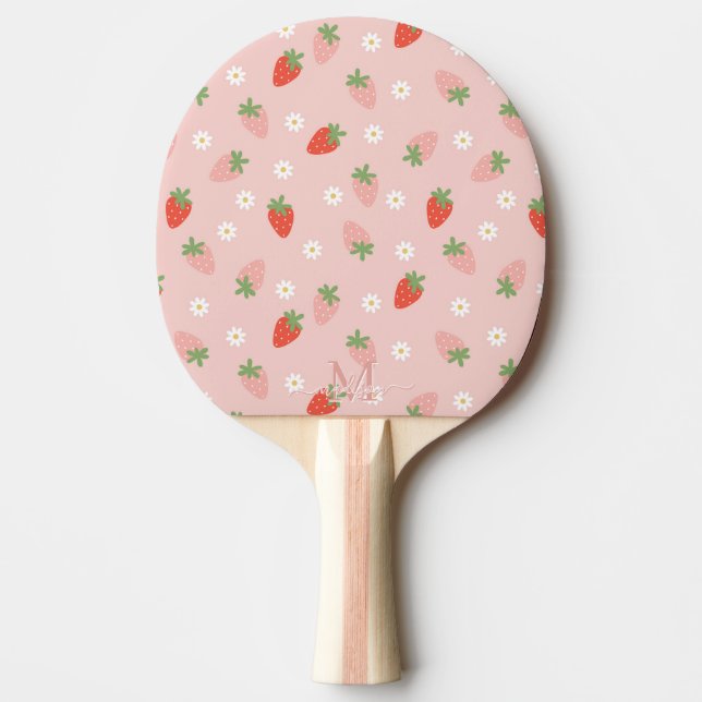 Sweet Pink and Red Strawberries Monogram Ping Pong Paddle (Front)