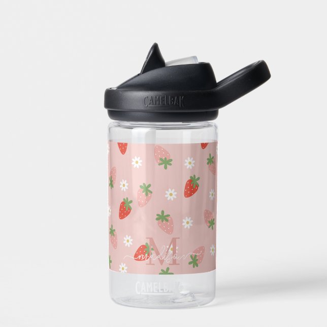 Sweet Pink and Red Strawberries Monogram  Water Bottle (Left)