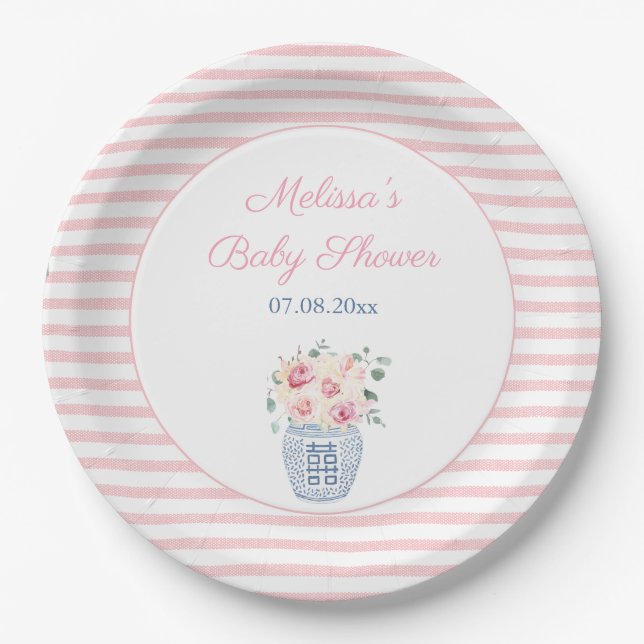Sweet Pink And White Floral Girl Baby Shower Party Paper Plate (Front)