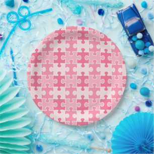 Sweet Pink and White Puzzle Pieces Paper Plate
