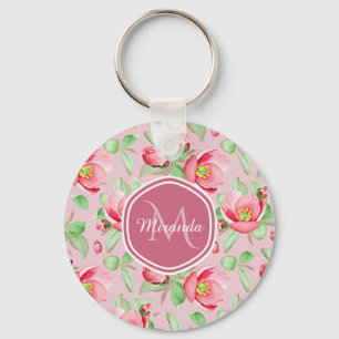 Sweet Pink Apple Blossom Floral With Monogram Key Ring