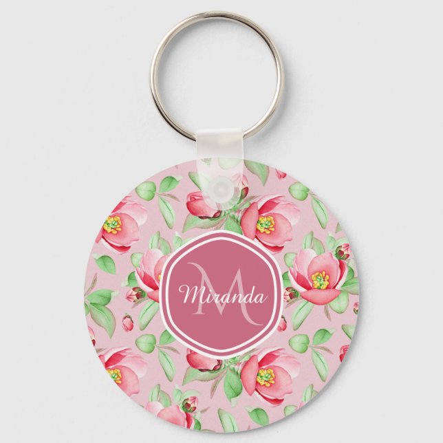 Sweet Pink Apple Blossom Floral With Monogram Key Ring (Front)